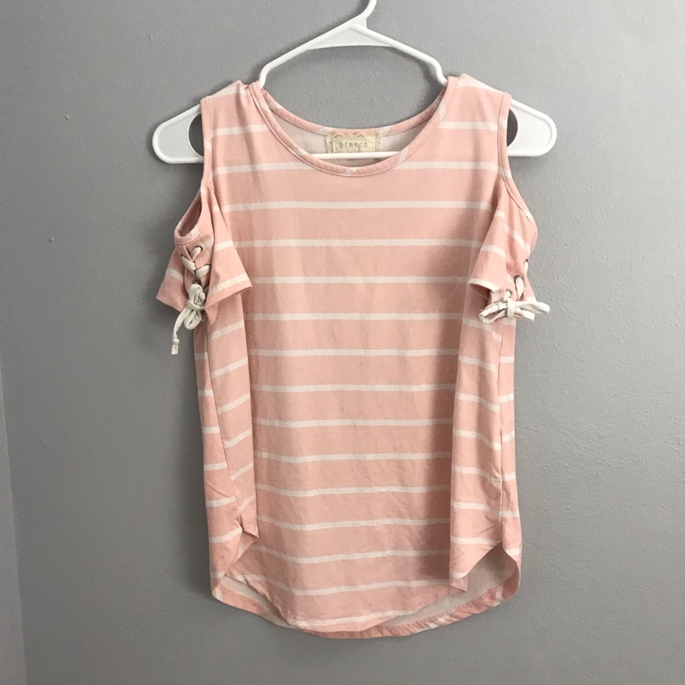Size: 12 pink and white striped coldshoulder shirt